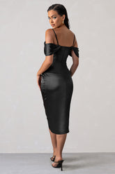 Black Satin Bardot Sleeve Corset Wrap Midi Dress